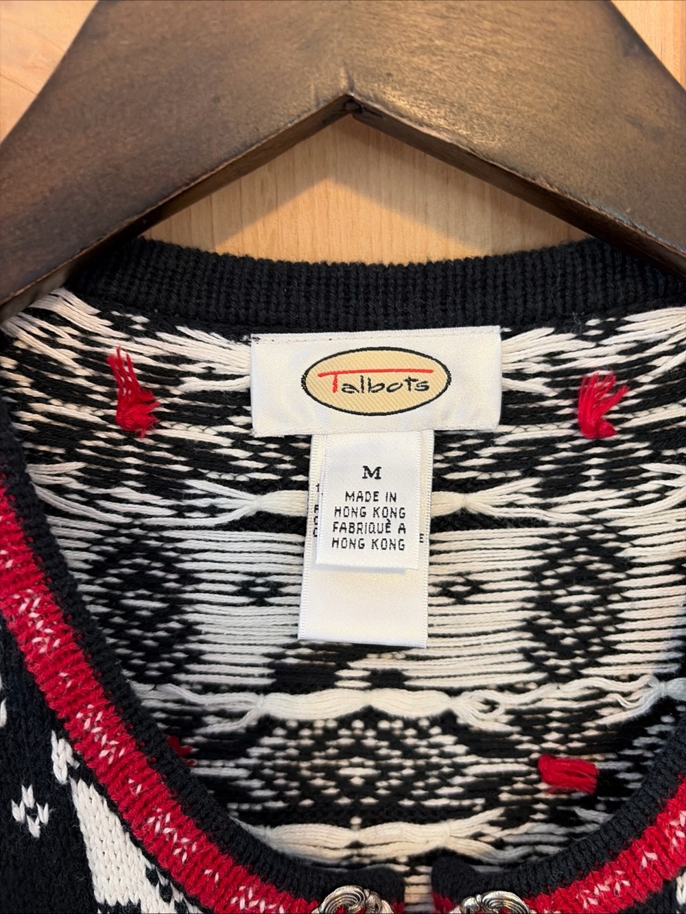 Vtg Talbots Black Nordic Fair Isle Snowflake Metal Clasp Cardigan Sweater M - Picture 6 of 9